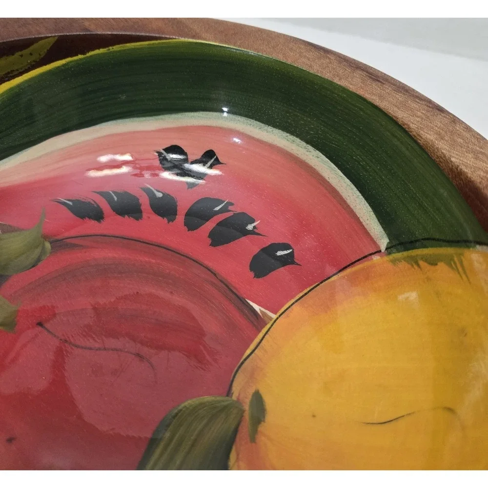 Vtg Hand Painted Mexican Wood Bowl Vibrant Fruit Folk Art Olinala Style Signed